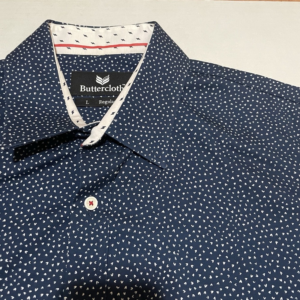 Butter Cloth Shirt Size Large‎ Mens Button Up Long Sleeve Micro Hearts Flip Cuff